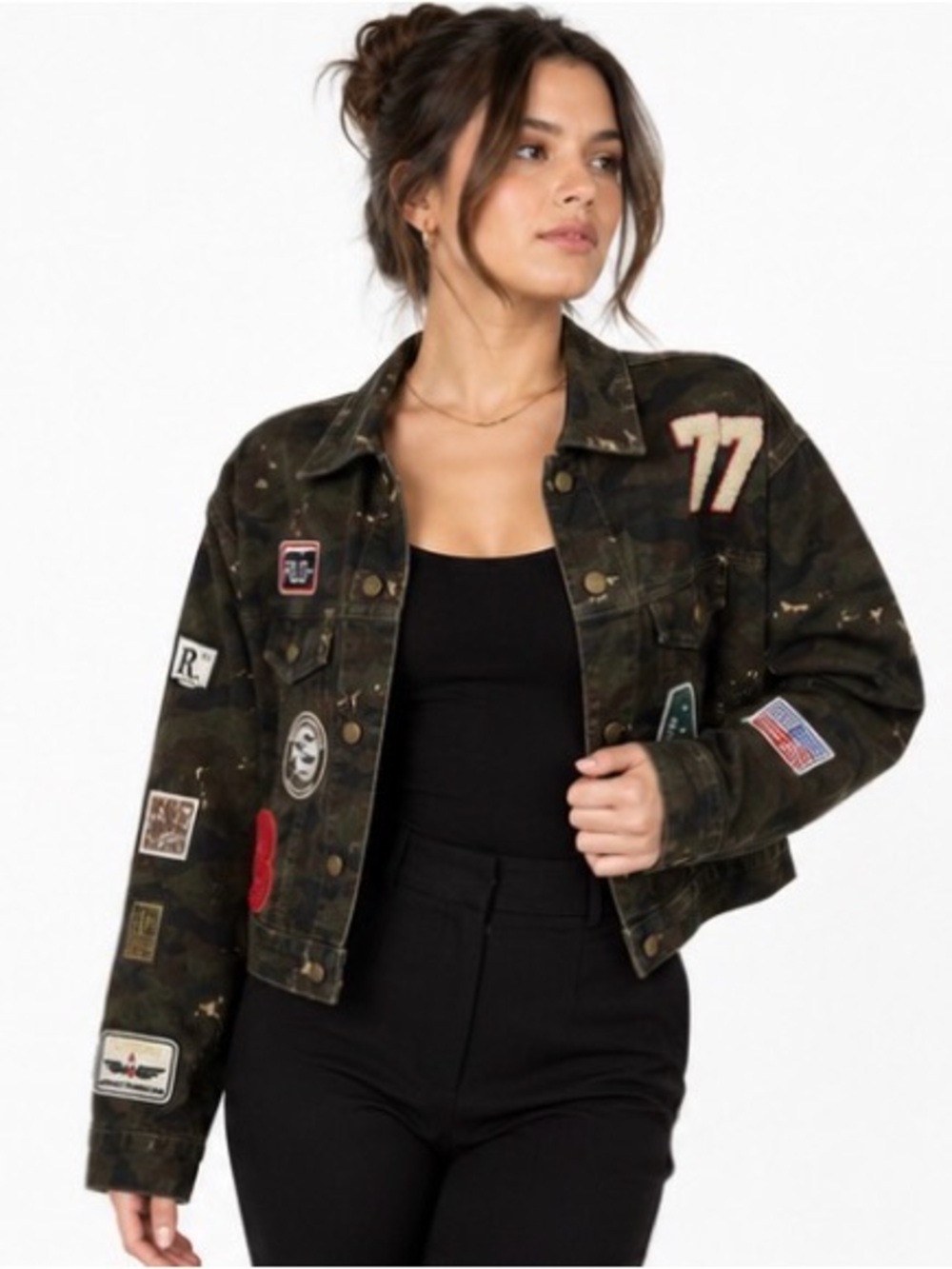 American Bazi NWOT Sample Camo Patch Cropped Jacket Estimated XS Small